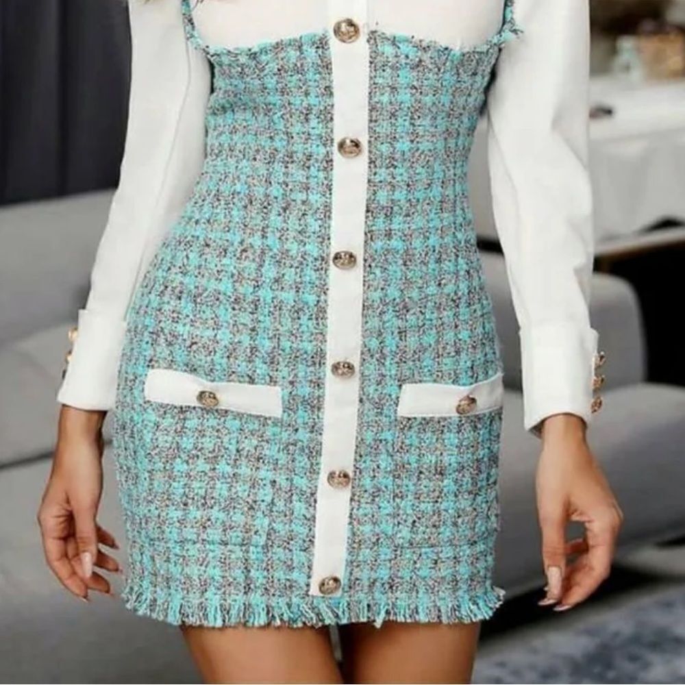 Jenifer Elegant White Tiffany Blue Boucle Tweed Long Sleeve Mini Dress - Picture 15 of 16
